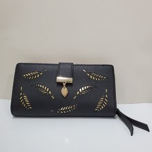 Women's Black and Gold Wallet Leaf detail Bifold